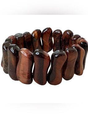 Tiger Eye Natural Stone Stretch Bracelet Elongated Artisan Festival Gemstone